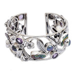 Pearl and amethyst flower bracelet, 'Tropical Frangipani' - Pearl and Amethyst Sterling Silver Cuff Bracelet