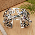 Pearl and amethyst flower bracelet, 'Tropical Frangipani' - Pearl and Amethyst Sterling Silver Cuff Bracelet