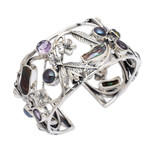 Pearl and amethyst flower bracelet, 'Tropical Frangipani' - Pearl and Amethyst Sterling Silver Cuff Bracelet