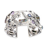 Pearl and amethyst flower bracelet, 'Tropical Frangipani' - Pearl and Amethyst Sterling Silver Cuff Bracelet