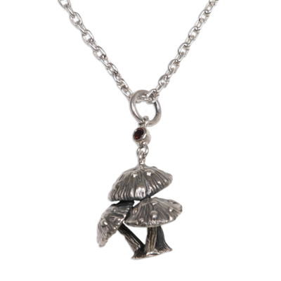 Garnet pendant necklace, 'Forest Mushroom' - Garnet pendant necklace