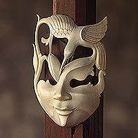 Wood mask, Lotus and Hummingbird