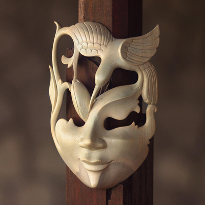 Wood mask, 'Lotus and Hummingbird' - Wood Bird Mask
