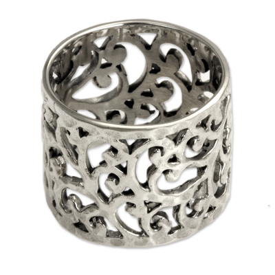 Sterling silver band ring, 'Exotic Bali' - Handmade Floral Sterling Silver Band Ring