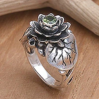 Peridot flower ring, 'Lotus Purity' - Handcrafted Peridot and Sterling Silver Ring