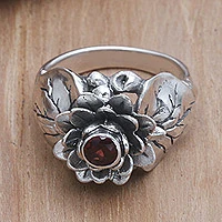 Garnet flower ring, 'Lotus Purity' - Handcrafted Silver Lotus Blossom Ring