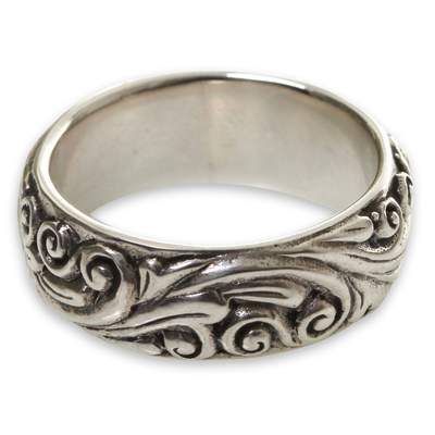 Sterling silver band ring, 'Floral Moon' - Sterling Silver Band Ring from Indonesia