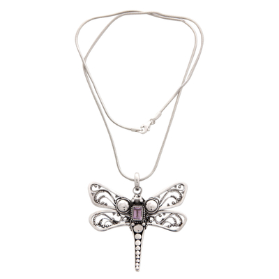 Amethyst pendant necklace, 'Lavender Dragonfly' - Amethyst and Sterling Silver Necklace