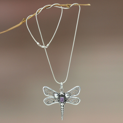 Amethyst pendant necklace, 'Lavender Dragonfly' - Amethyst and Sterling Silver Necklace