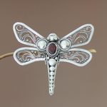Garnet brooch pin, 'Scarlet Dragonfly' - Indonesian Garnet and Silver Brooch Pin