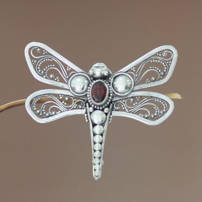 Garnet brooch pin, 'Scarlet Dragonfly' - Indonesian Garnet and Silver Cocktail Ring