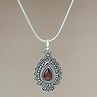 Garnet pendant necklace, 'Queen of Bali' - Handcrafted Sterling Silver and Garnet Pendant Necklace