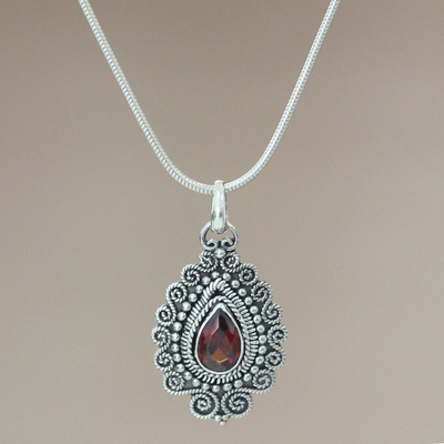 Garnet pendant necklace, 'Queen of Bali' - Handcrafted Sterling Silver and Garnet Pendant Necklace