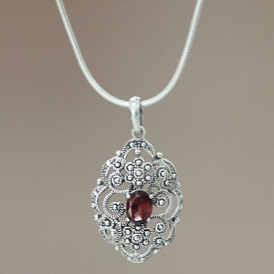 Garnet pendant necklace, 'Balinese Romance' - Sterling Silver and Garnet Pendant Necklace
