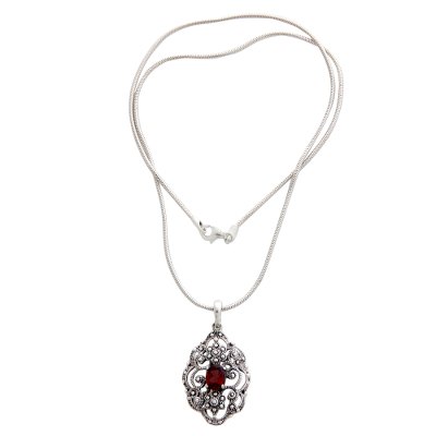 Garnet pendant necklace, 'Balinese Romance' - Sterling Silver and Garnet Pendant Necklace