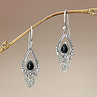 Onyx dangle earrings, 'Black Fern'