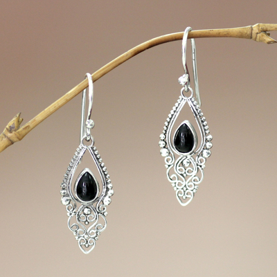 Onyx dangle earrings, 'Black Fern' - Sterling Silver and Onyx Dangle Earrings