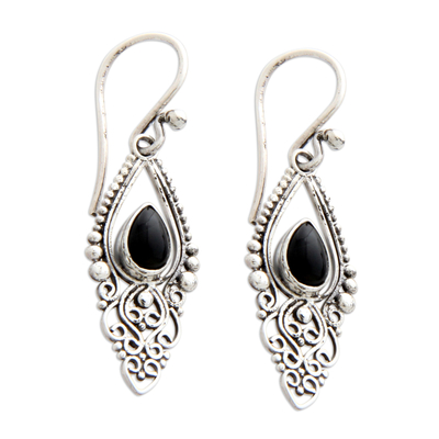 Onyx dangle earrings, 'Black Fern' - Sterling Silver and Onyx Dangle Earrings