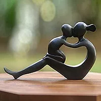 Wood sculpture, 'Her Love Will Never End' - Handcrafted Mother and Child Wood Sculpture