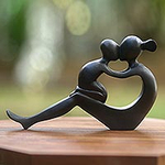 Handcrafted Mother and Child Wood Sculpture, 'Her Love Will Never End'