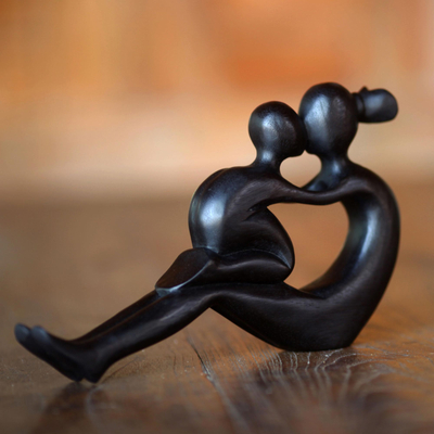 Wood sculpture, 'Her Love Will Never End' - Handcrafted Mother and Child Wood Sculpture