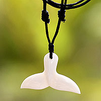 Bone pendant necklace, 'Whale Tail' - Handcrafted Cow Bone Pendant Necklace