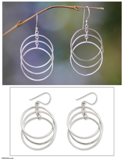 Sterling silver dangle earrings, 'Circle Trio' - Sterling silver dangle earrings