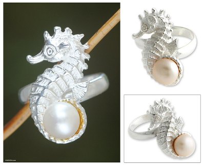 Cultured pearl cocktail ring, 'Sea Horse Treasure' - Handcrafted Sterling Silver and Pearl Cocktail Ring