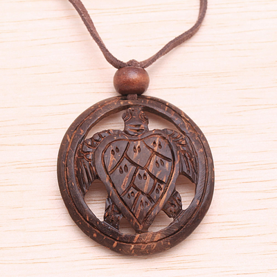 Coconut shell pendant necklace - Lucky Turtle | NOVICA