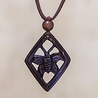 Coconut shell pendant necklace, 'Butterfly Muse'