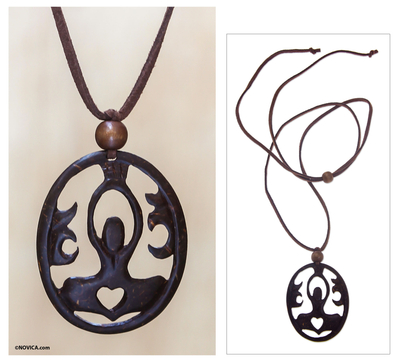 Coconut shell pendant necklace, 'Sukhasana Yoga' - Artisan Crafted Coconut Shell Pendant Necklace