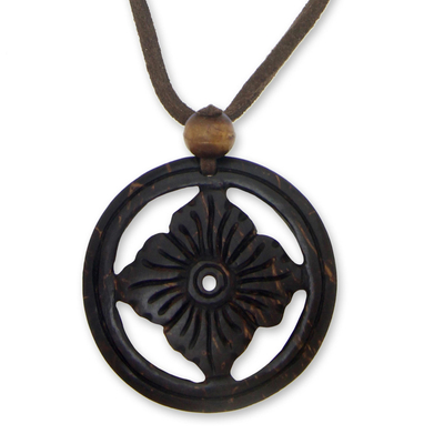 Coconut shell floral necklace, 'Lotus Faith' - Floral Coconut Shell Pendant Necklace