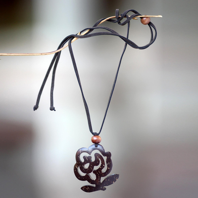 Coconut shell floral necklace, 'Java Rose' - Handmade Floral Coconut Shell Necklace