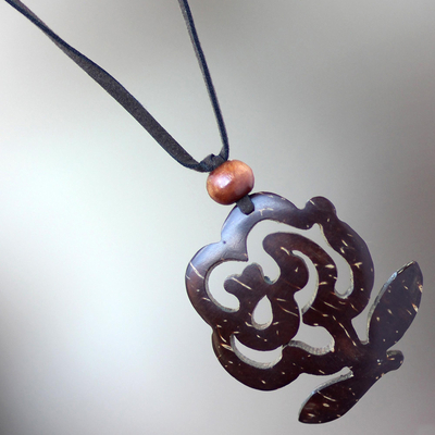 Coconut shell floral necklace, 'Java Rose' - Handmade Floral Coconut Shell Necklace