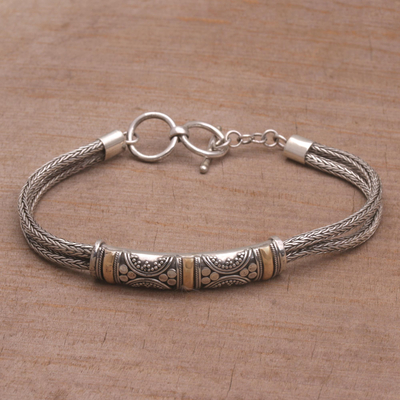 Gold accent braided bracelet, 'Balinese Garden' - Handmade Sterling Silver and 18k Gold Bracelet