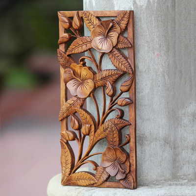 Wood relief panel, 'Sweet Balinese Hibiscus' - Artisan Crafted Floral Wood Relief Panel