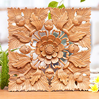 Panel de relieve de madera, 'Precious Lotus' - Panel de relieve de madera floral único