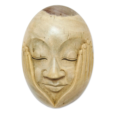 Wood mask, 'Hear No Evil' - Hibiscus Wood Wall Mask