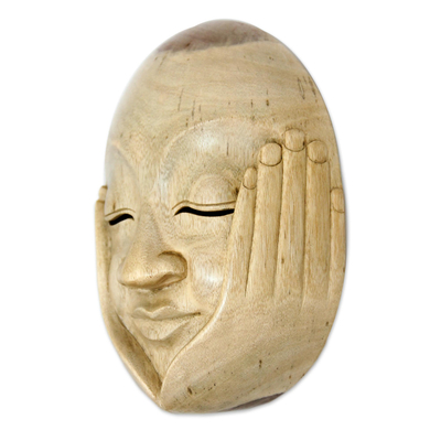 Wood mask, 'Hear No Evil' - Hibiscus Wood Wall Mask