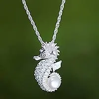 Cultured pearl pendant necklace, 'Sea Horse Treasure'