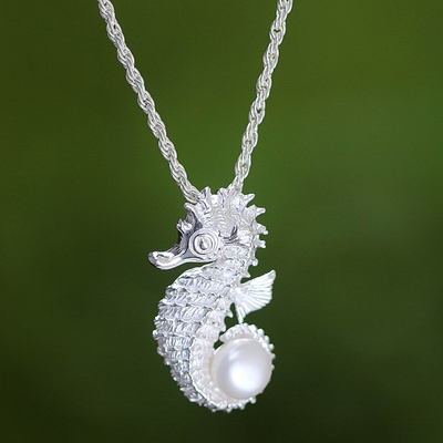 Cultured pearl pendant necklace, Sea Horse Treasure