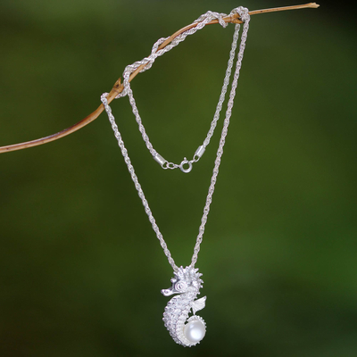 Cultured pearl pendant necklace, 'Sea Horse Treasure' - Sterling Silver and Pearl Pendant Necklace