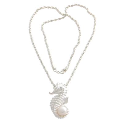Cultured pearl pendant necklace, 'Sea Horse Treasure' - Sterling Silver and Pearl Pendant Necklace