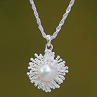 Cultured pearl pendant necklace, 'Pemuteran Treasure' - Fair Trade Sterling Silver and Pearl Pendant Necklace