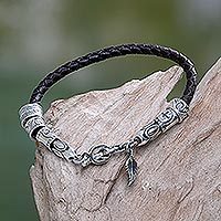 Pulsera trenzada de cuero, 'Ángel de la Naturaleza en Marrón' - Pulsera floral de cuero y plata de ley