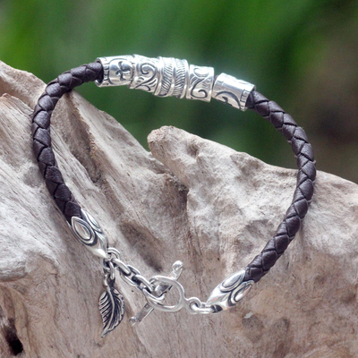 Leather braided bracelet, 'Angel of Nature in Brown' - Floral Leather and Sterling Silver Bracelet