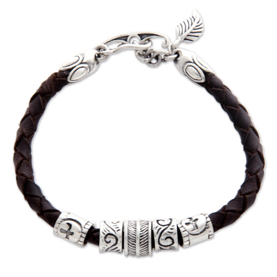 Leather braided bracelet, 'Angel of Nature in Brown' - Floral Leather and Sterling Silver Bracelet