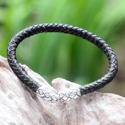 Leather braided bracelet, 'Rattle Snake Tales' - Unique Leather Braided Bracelet