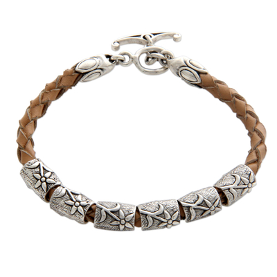 Leather braided bracelet, 'Daisy Dreams' - Silver and Braided Leather Bracelet from Indonesia