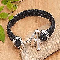 Men's leather braided bracelet, 'Groove' - Mens Handcrafted Braided Bracelet with Sterling Silver Clasp
